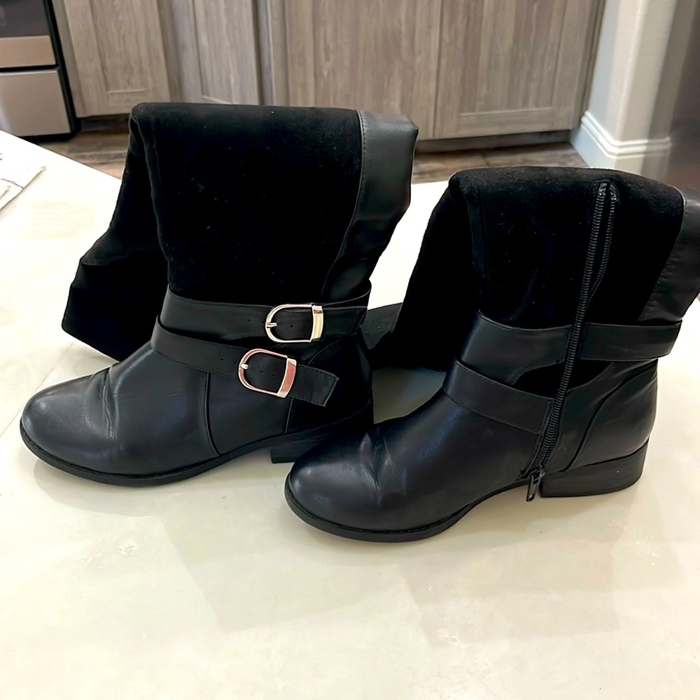 Qupid Plateau Above Knee Buckle Riding Boots - Zipper Closure.